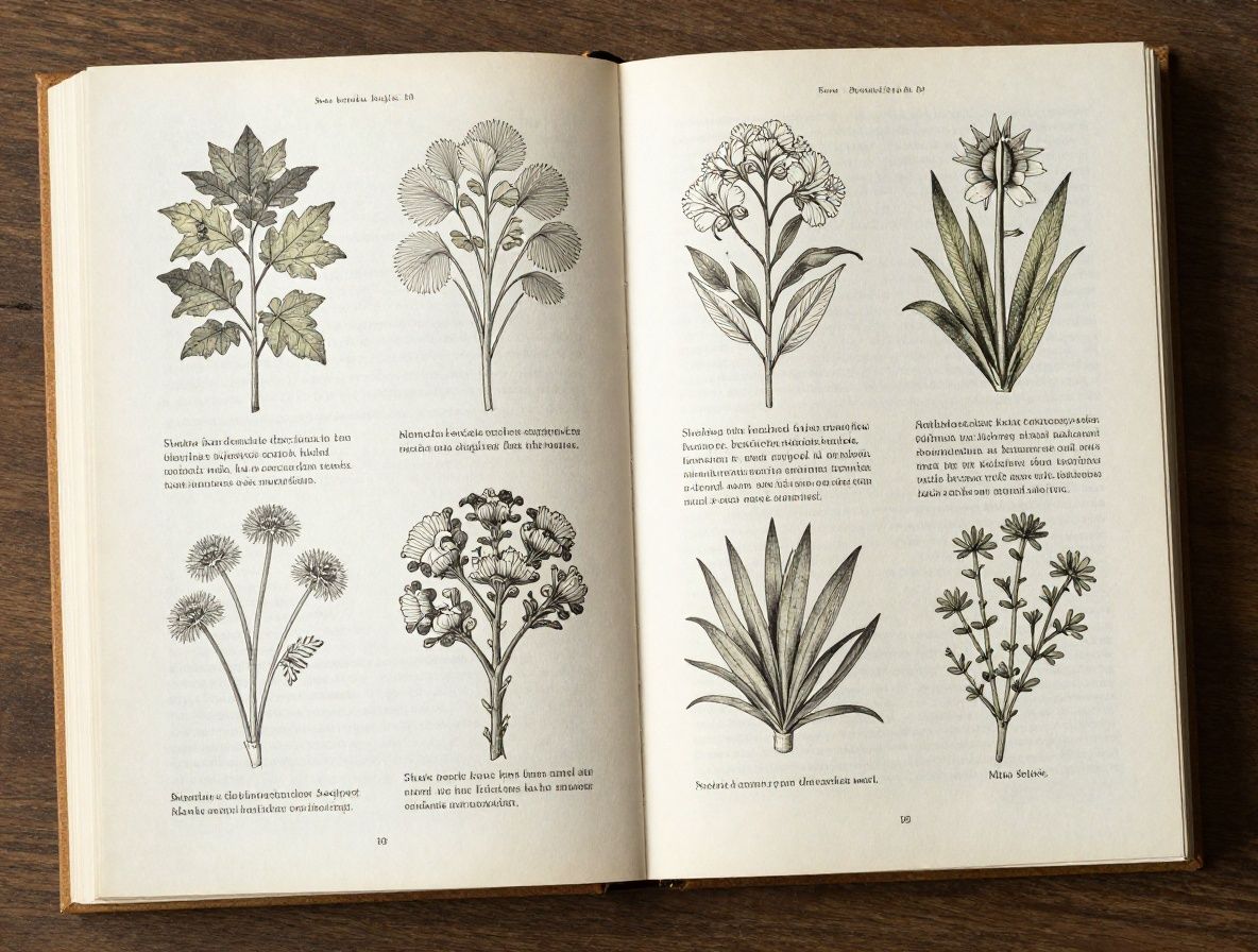 Stara botanička knjiga otvorena na detaljno ilustriranoj stranici s crtežima biljaka i latinskim tekstom, položena na drvenom stolu s toplim bočnim osvjetljenjem koje naglašava teksturu starih žutih stranica i reljef uveza